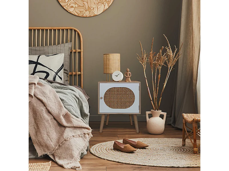 Table de Chevet Scandinave en Bois avec 1 Porte Blanc Marron Gain de Place