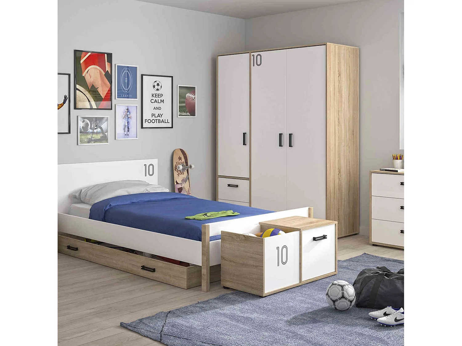 Coffre enfant 1 porte en bois imitation chêne clair et blanc - CF5052