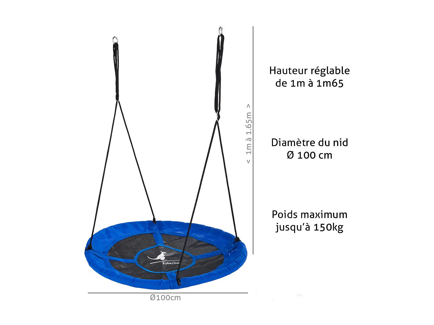 KANGUI - Balançoire ronde nid d'oiseau rond Ø100cm - Bleu - Charge 150kg maxi