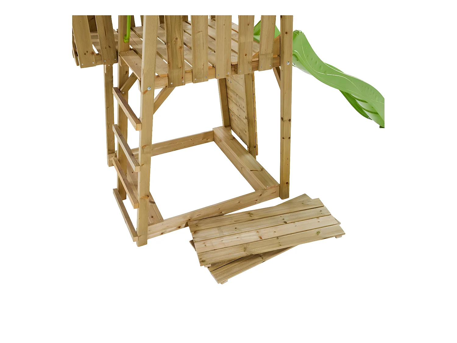 KANGUI Aire de jeux portique en bois WOODI - Double balançoire et nid Ø100cm, toboggan, mur d'escalade, bac a sable, cabane, échelle