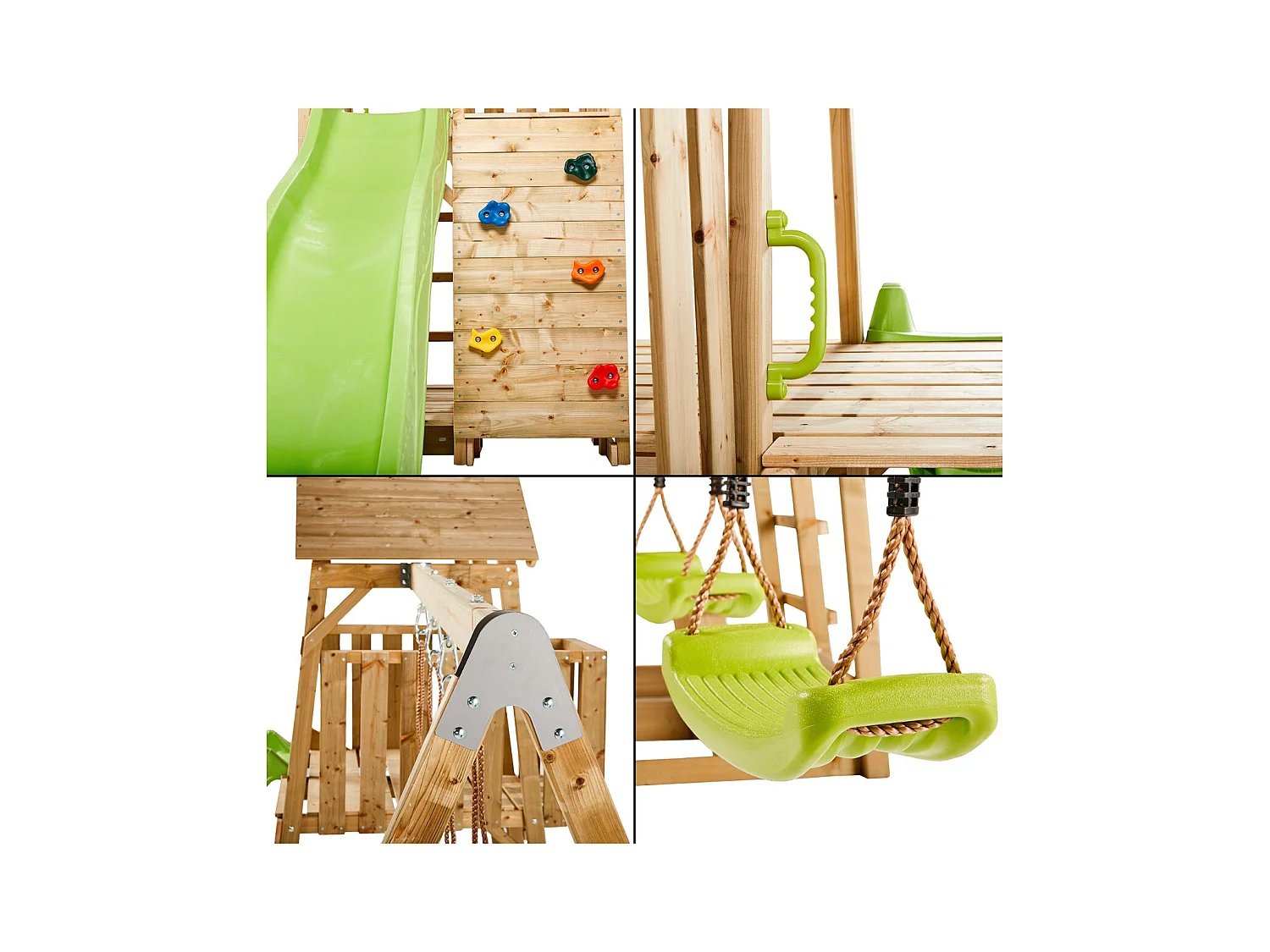 KANGUI Aire de jeux portique en bois WOODI - Double balançoire et nid Ø100cm, toboggan, mur d'escalade, bac a sable, cabane, échelle