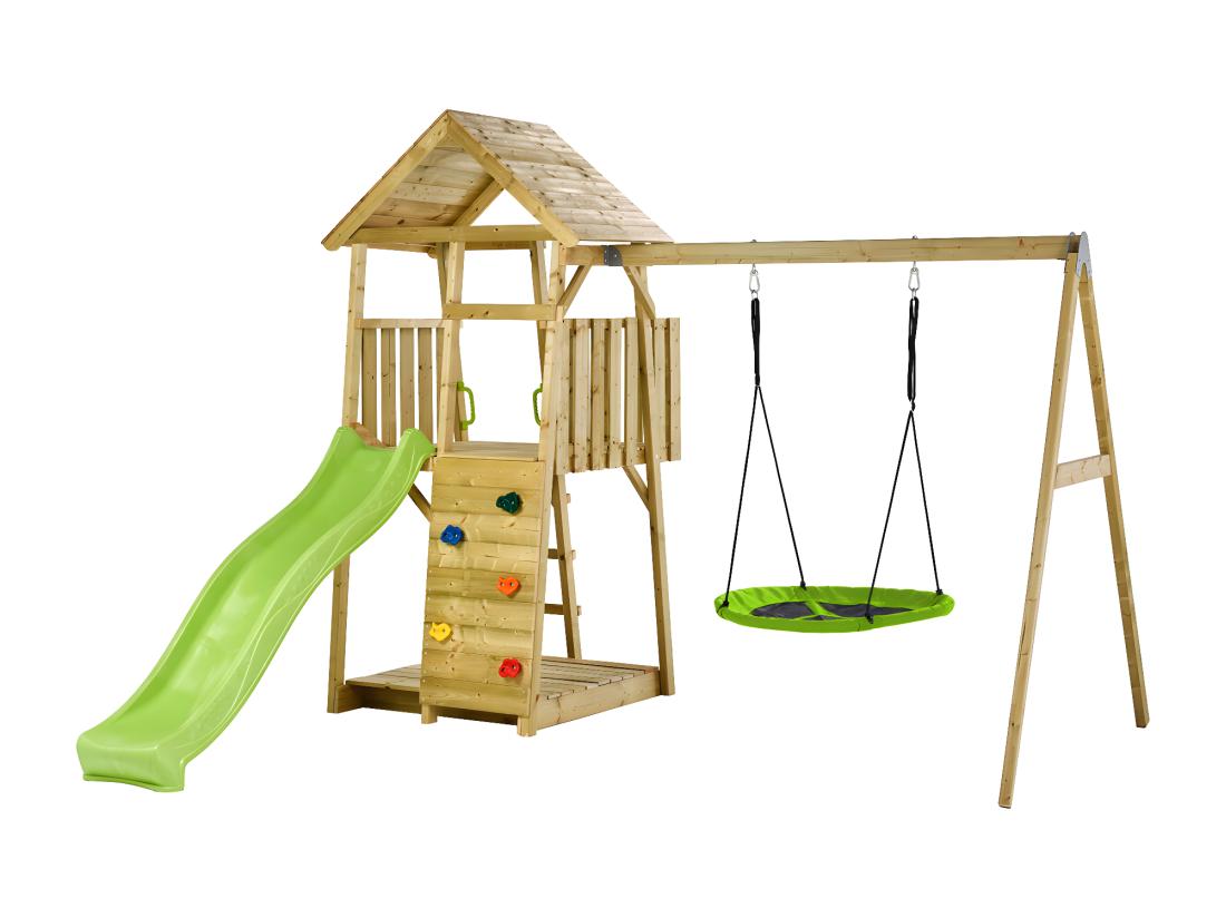 vente unique KANGUI Aire de jeux portique en bois WOODI - Double balançoire et nid Ø100cm toboggan mur d'escalade bac a sable cabane échelle