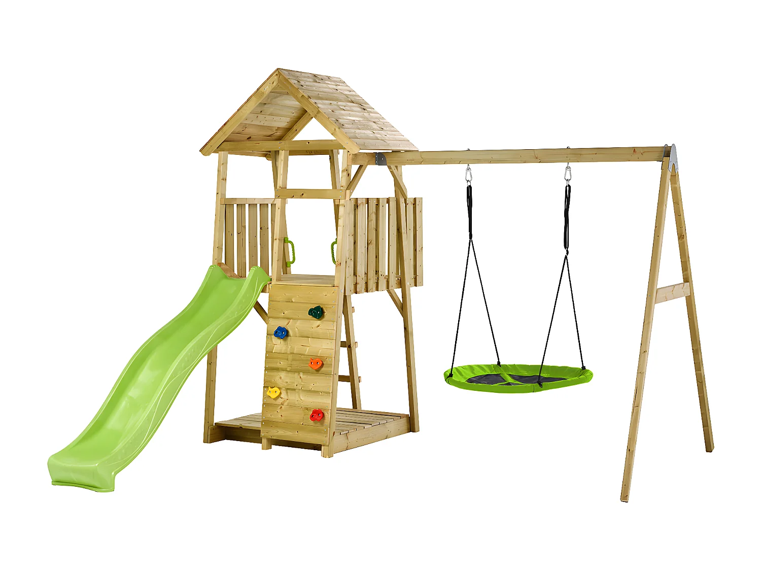 KANGUI Aire de jeux portique en bois WOODI - Double balançoire et nid Ø100cm, toboggan, mur d'escalade, bac a sable, cabane, échelle