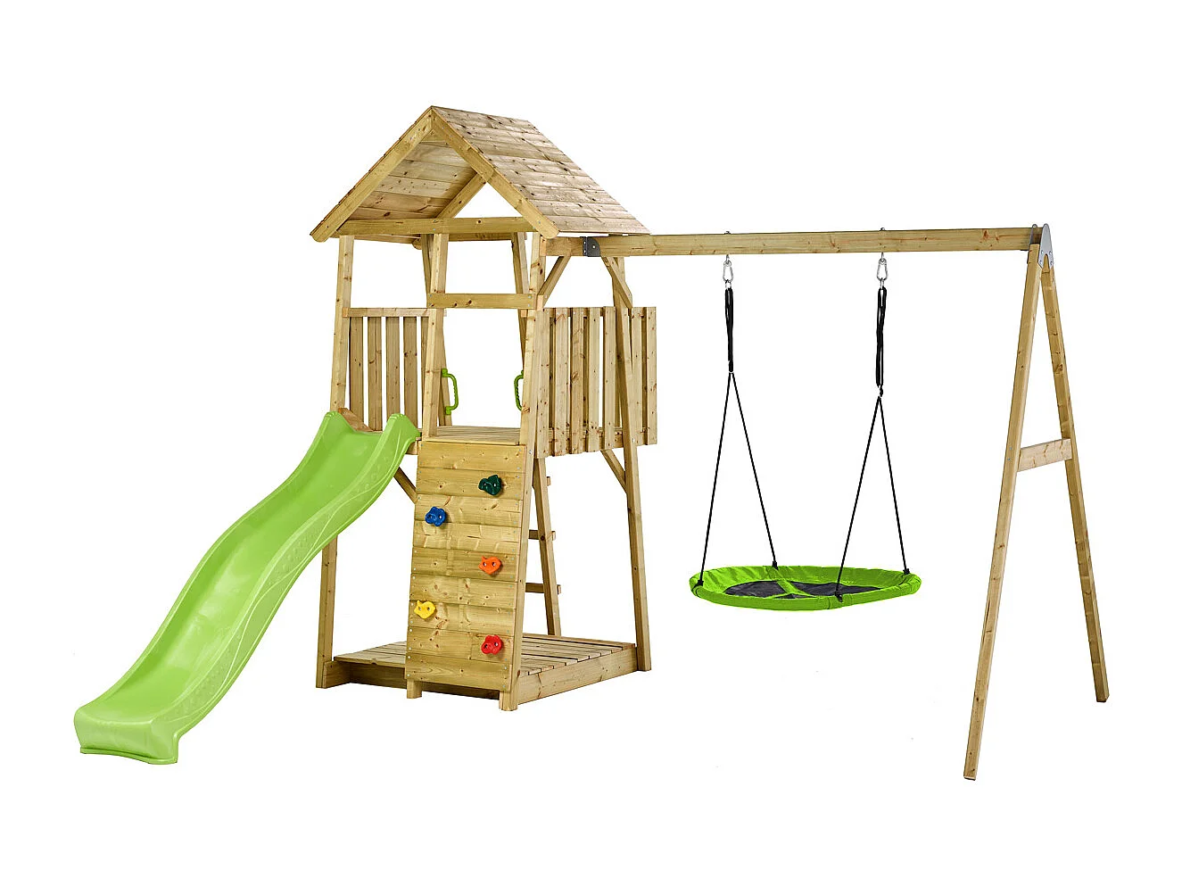 KANGUI Aire de jeux portique en bois WOODI - Double balançoire et nid Ø100cm, toboggan, mur d'escalade, bac a sable, cabane, échelle