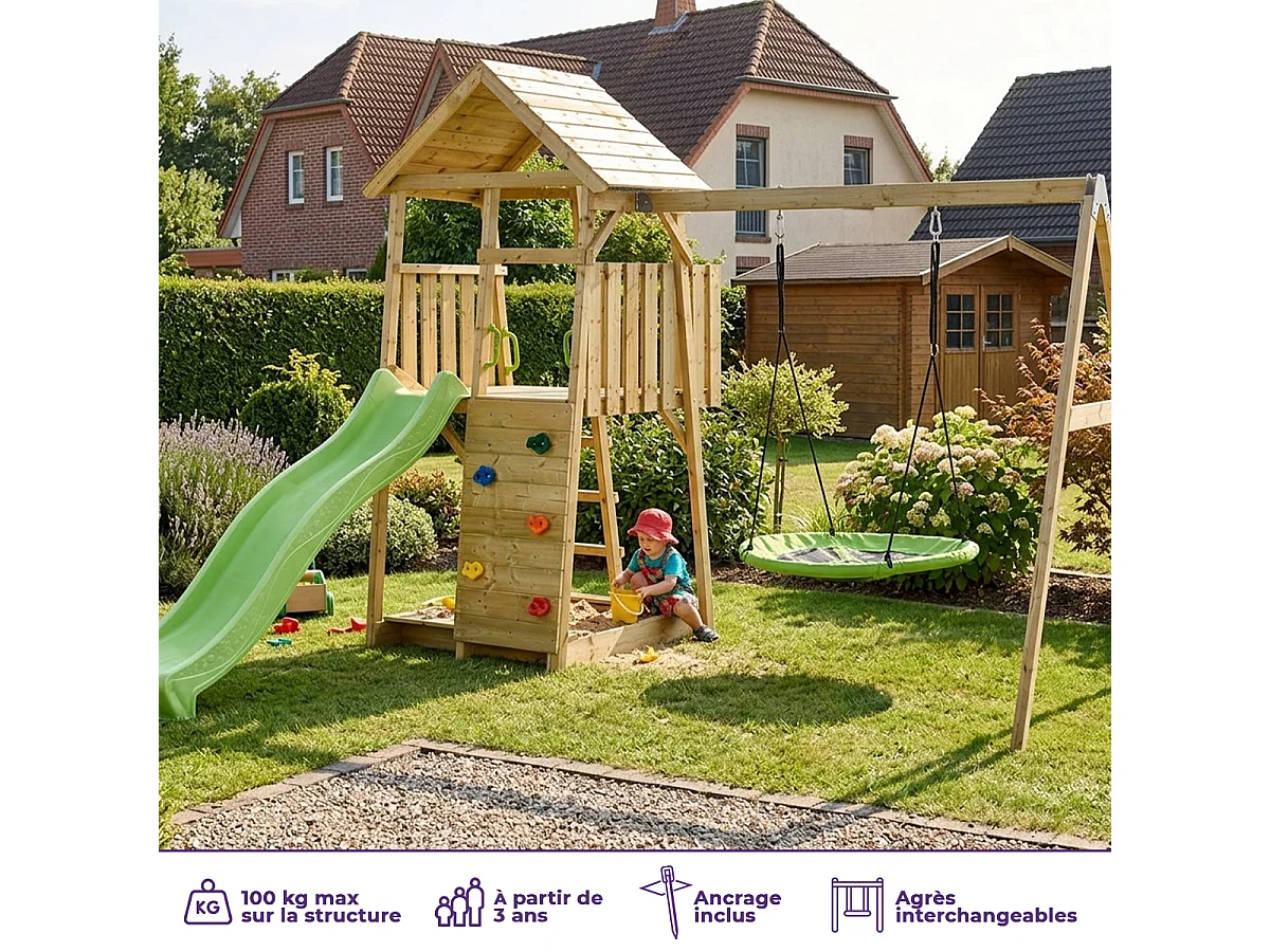 KANGUI Aire de jeux portique en bois WOODI - Double balançoire et nid Ø100cm, toboggan, mur d'escalade, bac a sable, cabane, échelle