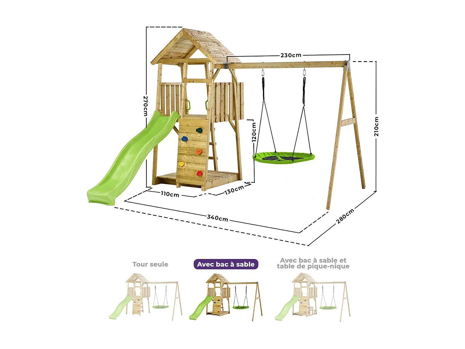 KANGUI Aire de jeux portique en bois WOODI - Double balançoire et nid Ø100cm, toboggan, mur d'escalade, bac a sable, cabane, échelle