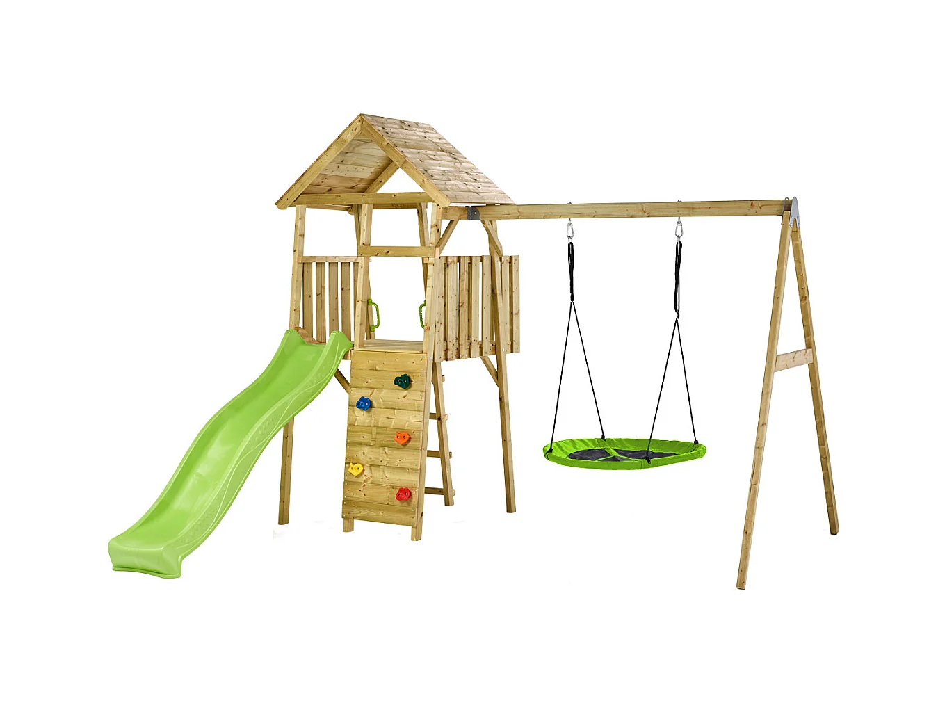 KANGUI Aire de jeux portique en bois WOODI - Double balançoire et nid Ø100cm, toboggan, mur d'escalade, cabane, échelle