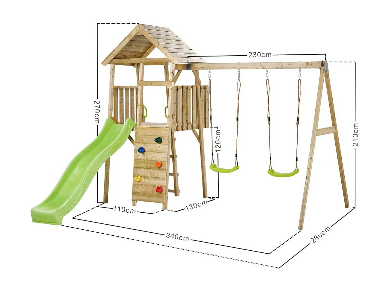 Kangui - Aire de jeux portique en bois WOODI - Double balançoire et nid Ø100cm, toboggan, mur d'escalade, cabane, échelle
