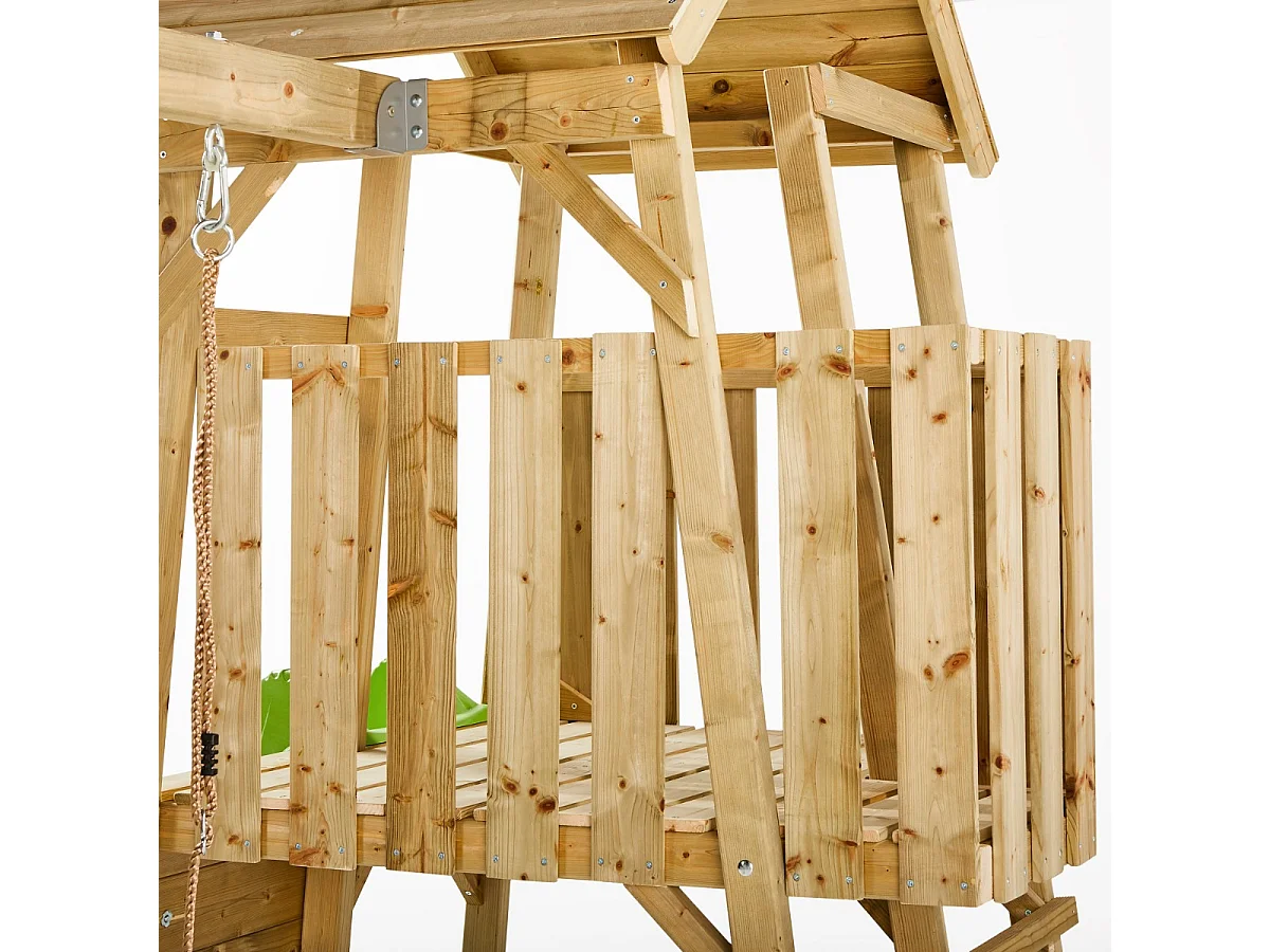 Kangui - Aire de jeux portique en bois WOODI - Double balançoire et nid Ø100cm, toboggan, mur d'escalade, cabane, échelle