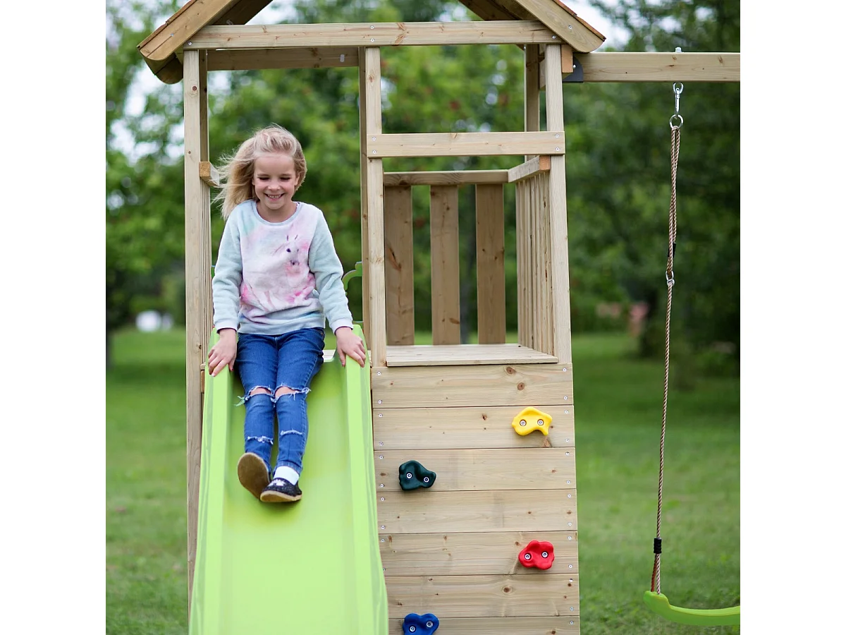 Kangui - Aire de jeux portique en bois WOODI - Double balançoire et nid Ø100cm, toboggan, mur d'escalade, cabane, échelle
