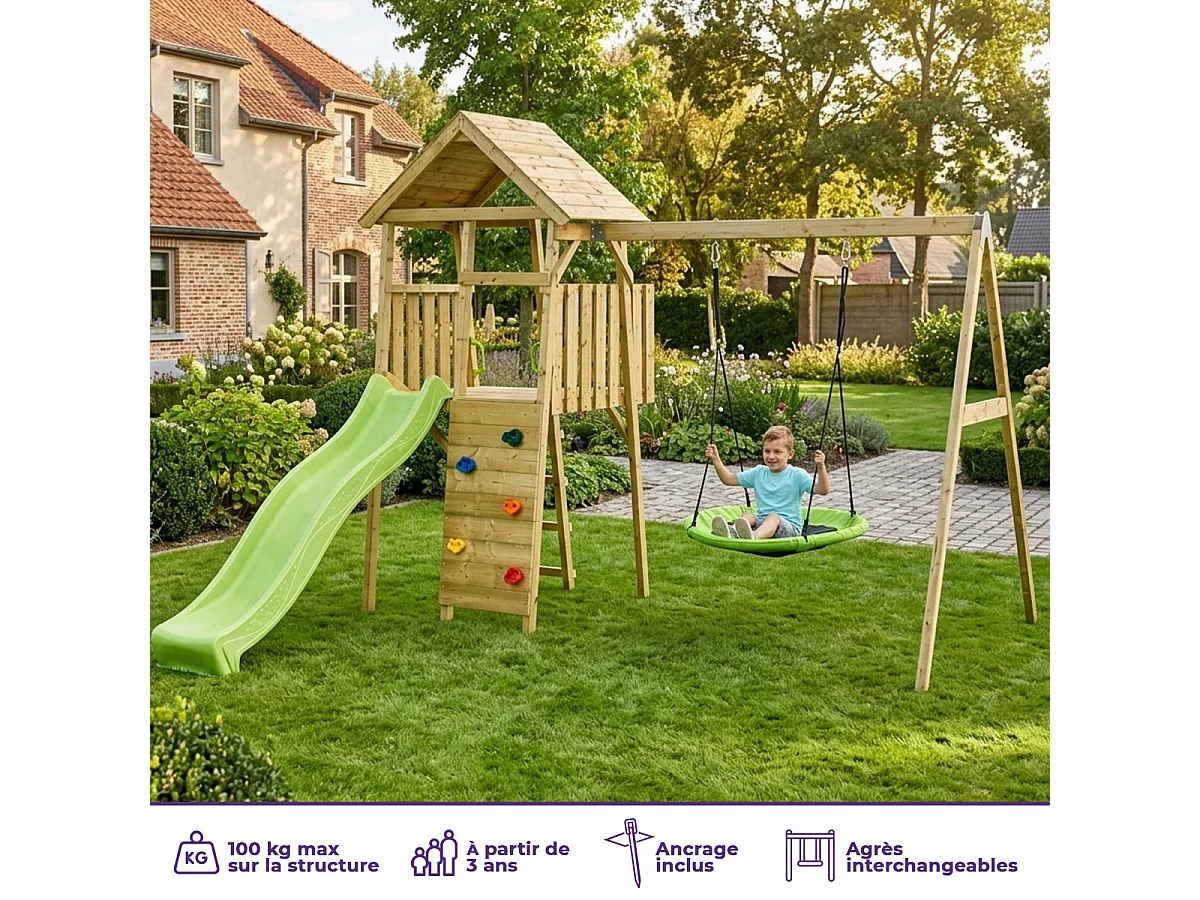 KANGUI Aire de jeux portique en bois WOODI - Double balançoire et nid Ø100cm, toboggan, mur d'escalade, cabane, échelle