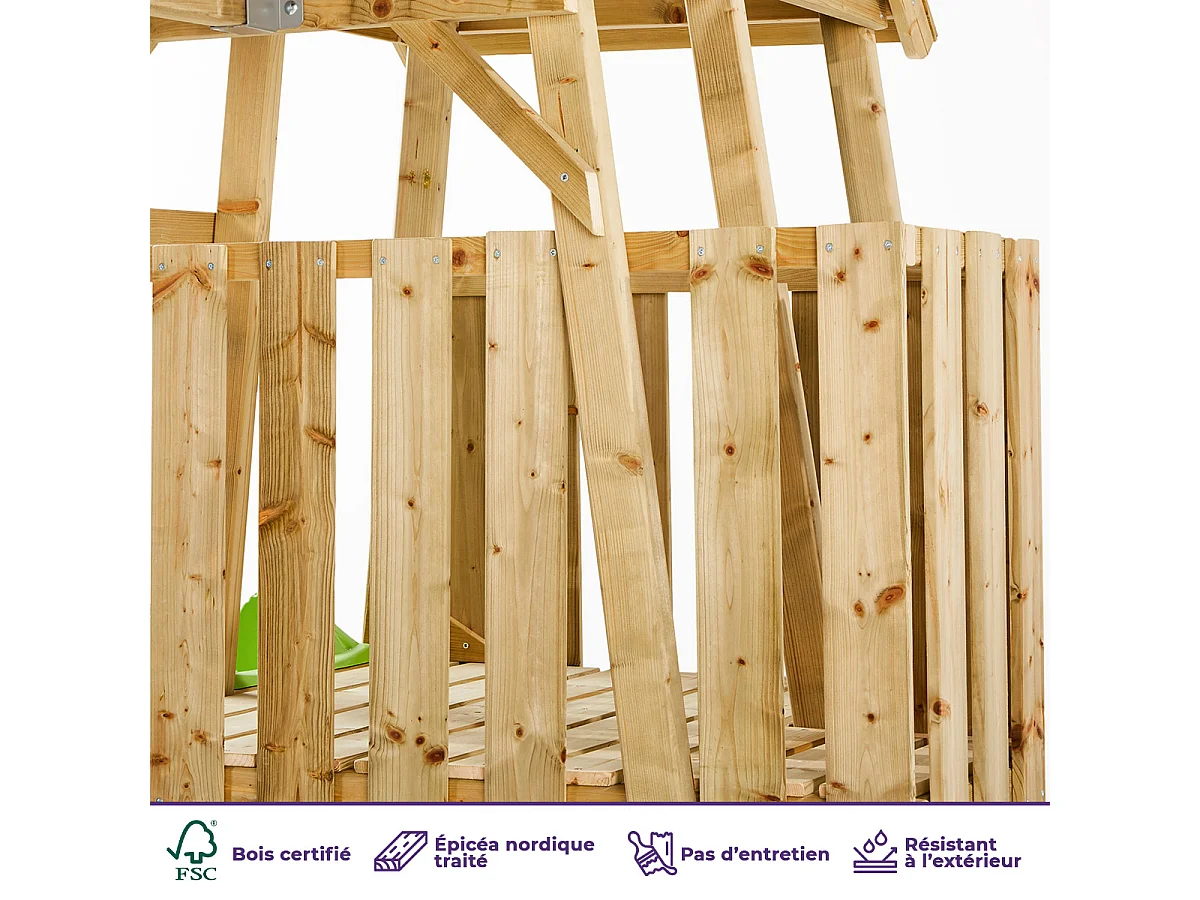 KANGUI Aire de jeux portique en bois WOODI - Double balançoire et nid Ø100cm, toboggan, mur d'escalade, cabane, échelle