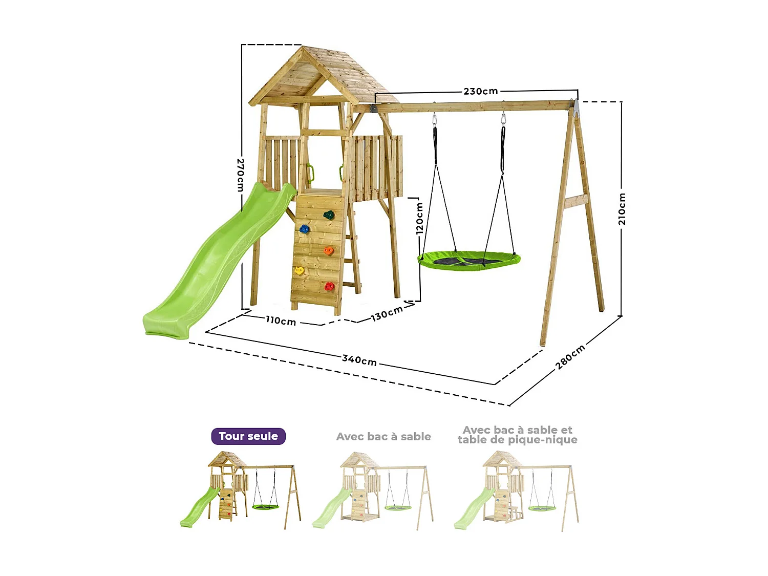 KANGUI Aire de jeux portique en bois WOODI - Double balançoire et nid Ø100cm, toboggan, mur d'escalade, cabane, échelle