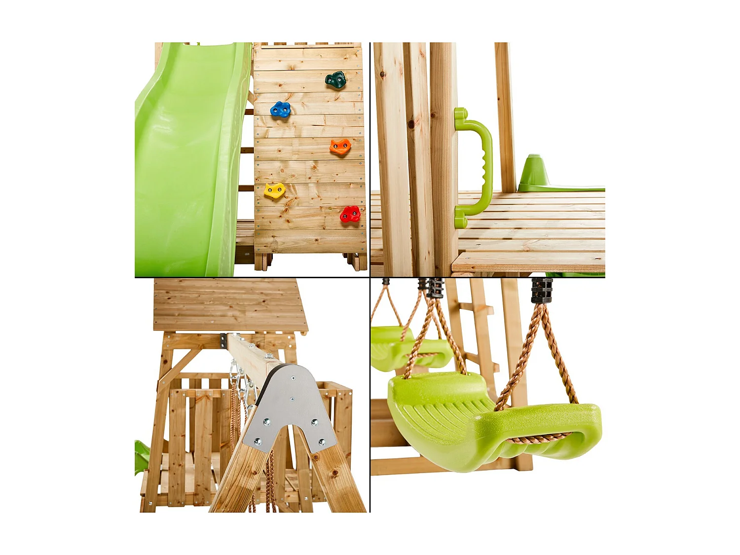 KANGUI Aire de jeux portique en bois WOODI - Double balançoire et nid Ø100cm, toboggan, mur d'escalade, cabane, échelle