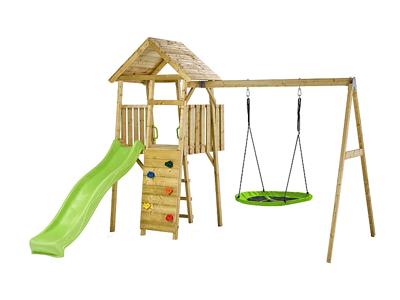 KANGUI Aire de jeux portique en bois WOODI - Double balançoire et nid Ø100cm, toboggan, mur d'escalade, cabane, échelle