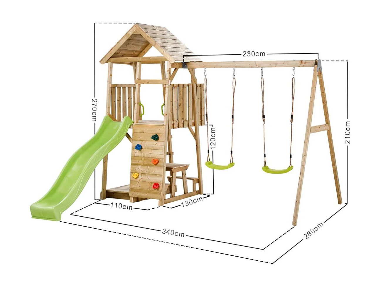 KANGUI Aire de jeux portique en bois WOODI - Double balançoire ou Nid, toboggan, mur d'escalade, bac a sable, table pique nique, cabane, échelle