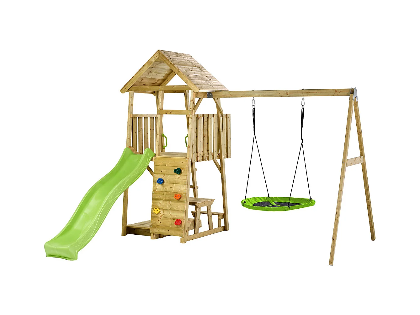 KANGUI Aire de jeux portique en bois WOODI - Double balançoire ou Nid, toboggan, mur d'escalade, bac a sable, table pique nique, cabane, échelle