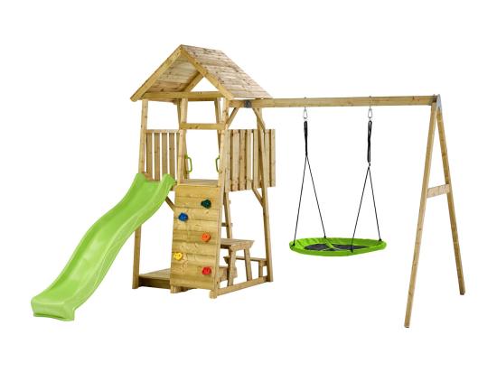 vente unique KANGUI Aire de jeux portique en bois WOODI - Double balançoire ou Nid toboggan mur d'escalade bac a sable table pique nique cabane échelle