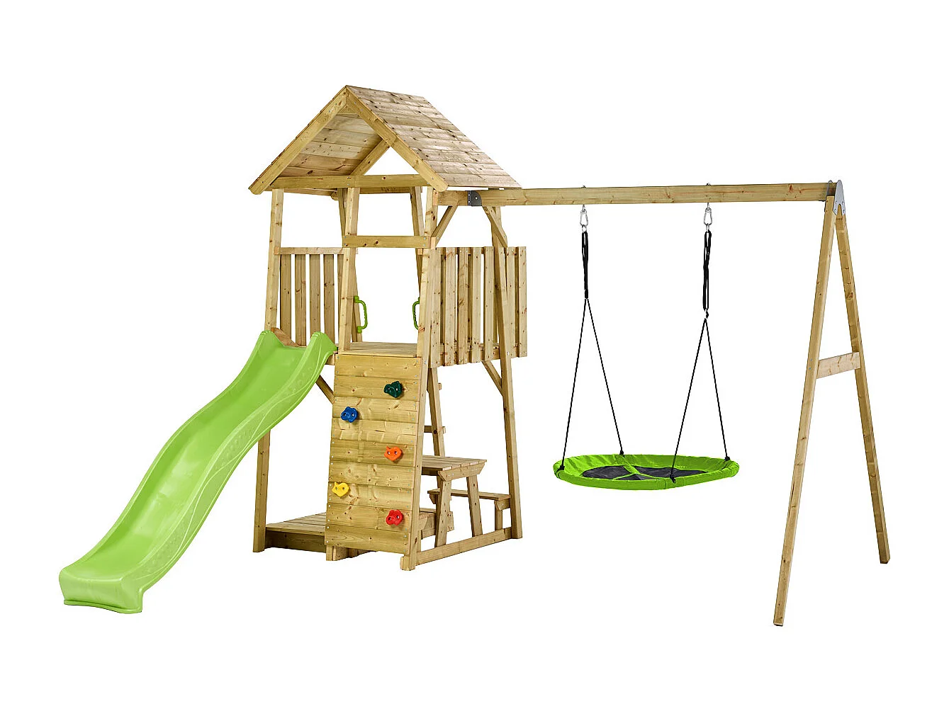 KANGUI Aire de jeux portique en bois WOODI - Double balançoire ou Nid, toboggan, mur d'escalade, bac a sable, table pique nique, cabane, échelle