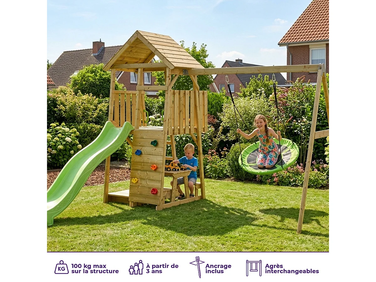 KANGUI Aire de jeux portique en bois WOODI - Double balançoire ou Nid, toboggan, mur d'escalade, bac a sable, table pique nique, cabane, échelle