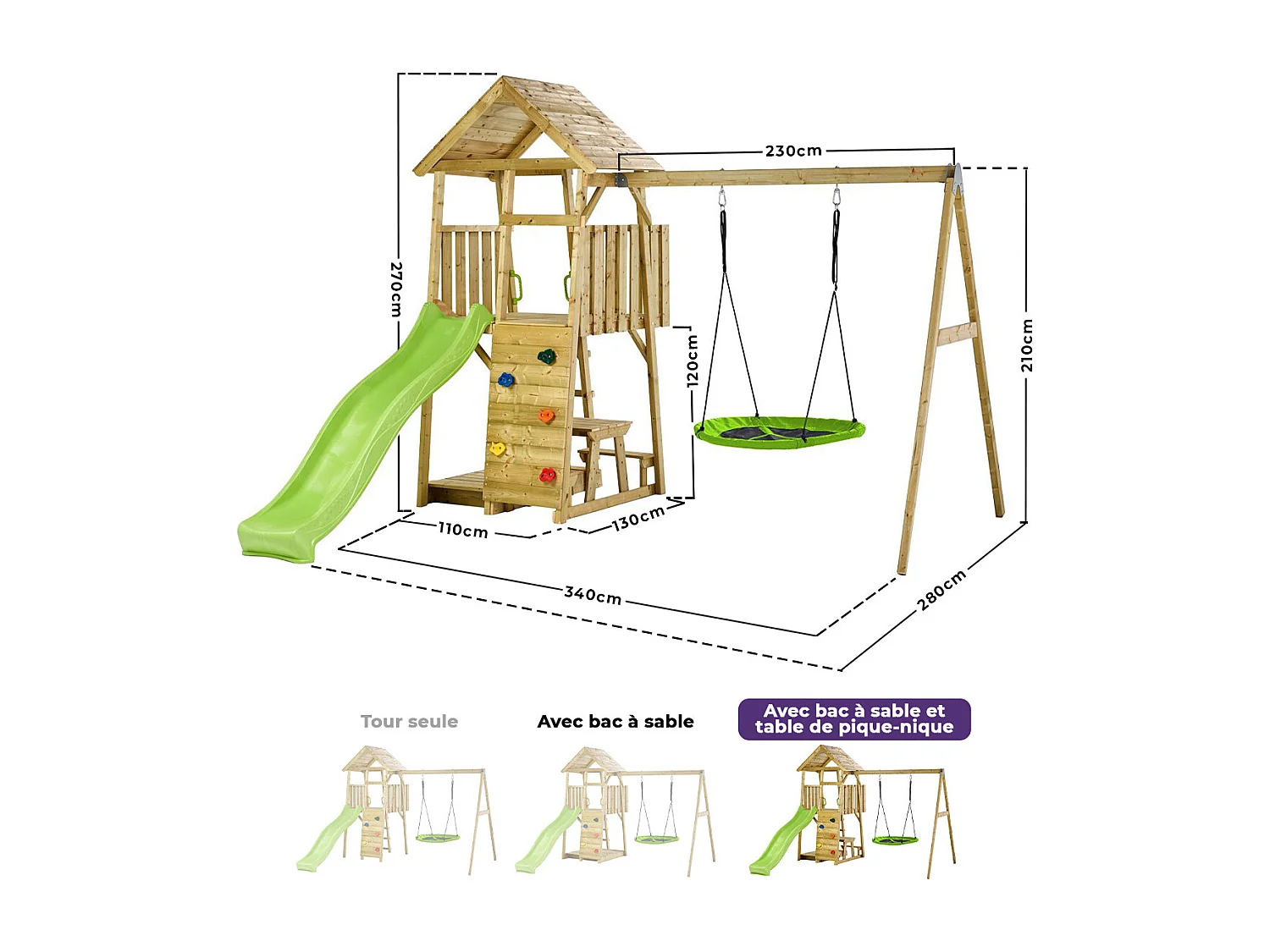 KANGUI Aire de jeux portique en bois WOODI - Double balançoire ou Nid, toboggan, mur d'escalade, bac a sable, table pique nique, cabane, échelle