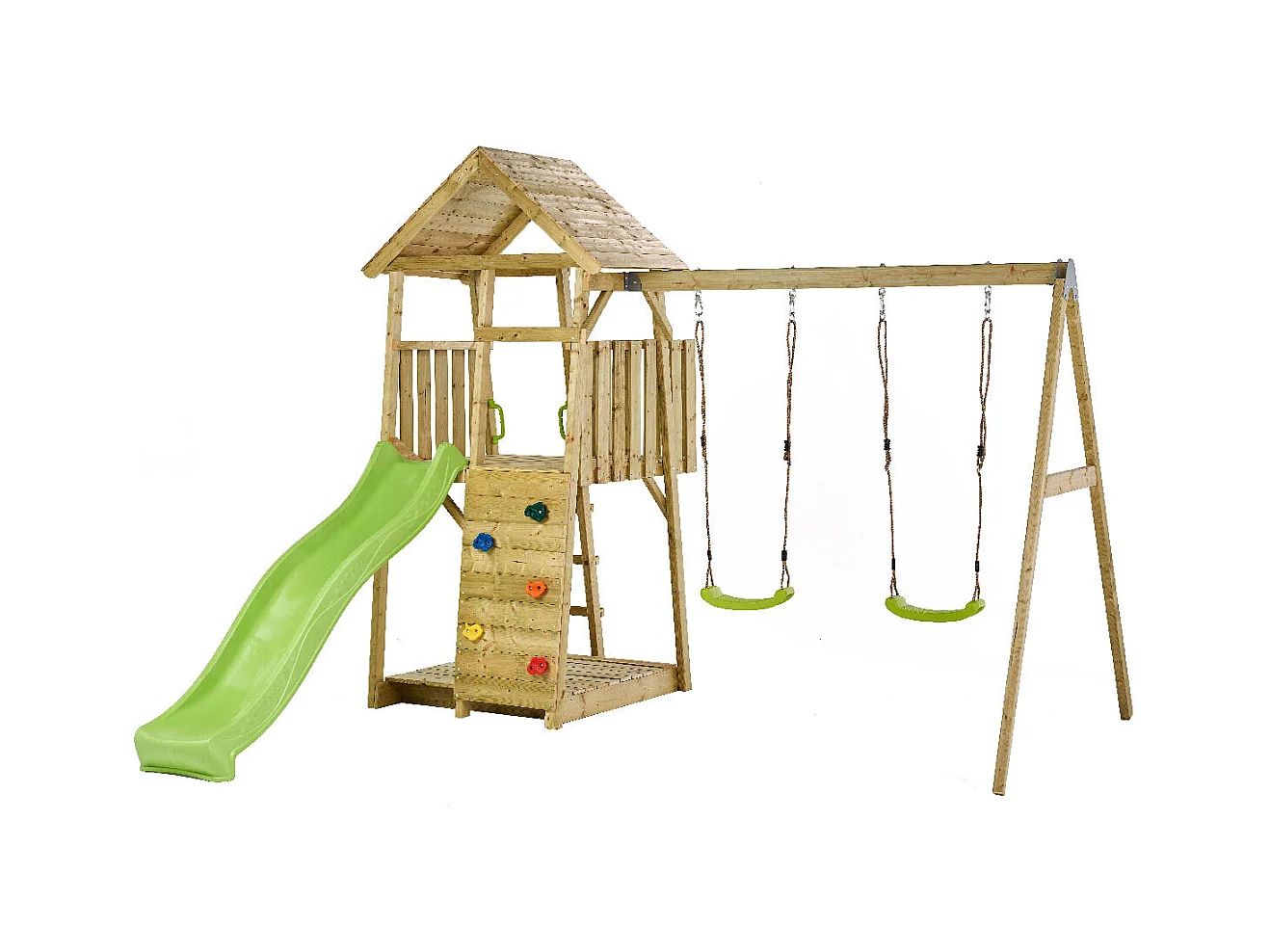 KANGUI Aire de jeux portique en bois WOODI - Double balançoire, toboggan, mur d'escalade, bac a sable, cabane, échelle