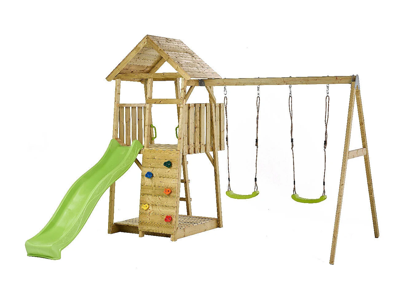 KANGUI Aire de jeux portique en bois WOODI - Double balançoire, toboggan, mur d'escalade, bac a sable, cabane, échelle