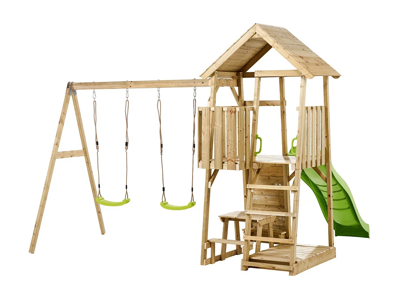 Kangui - Aire de jeux portique en bois WOODI - Double balançoire, toboggan, mur d'escalade, bac a sable, cabane, échelle