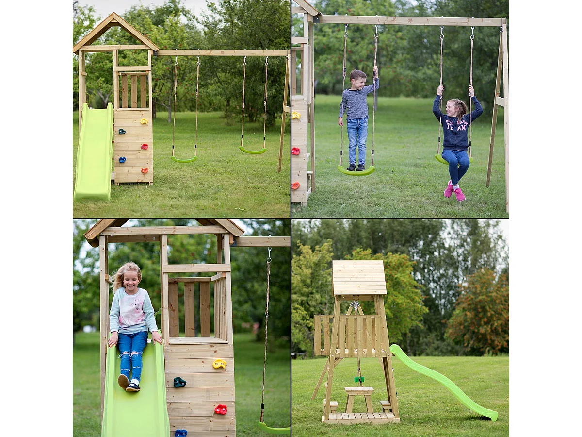 Kangui - Aire de jeux portique en bois WOODI - Double balançoire, toboggan, mur d'escalade, bac a sable, cabane, échelle