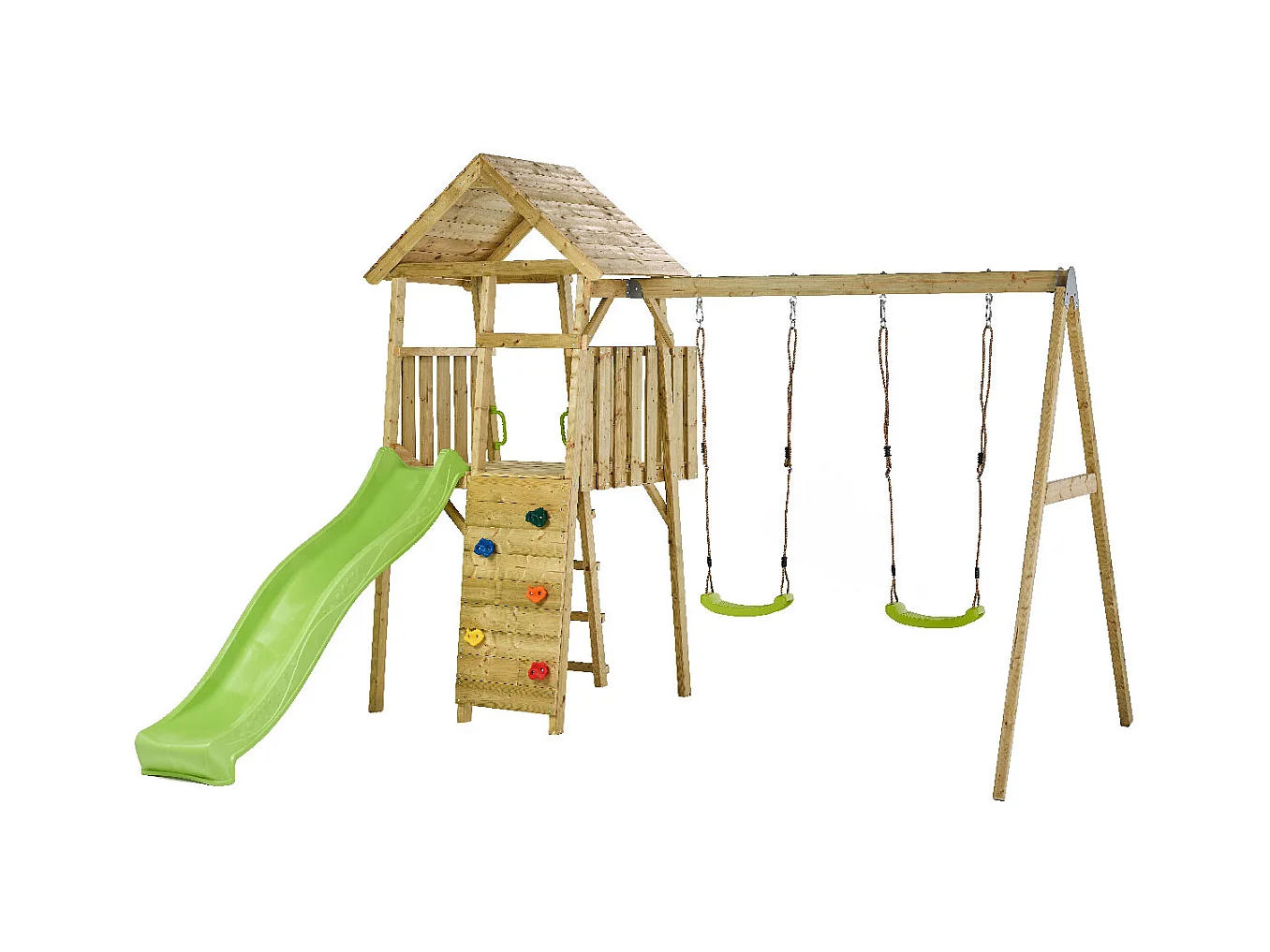 KANGUI Aire de jeux portique en bois WOODI - Double balançoire, toboggan, mur d'escalade, cabane, échelle