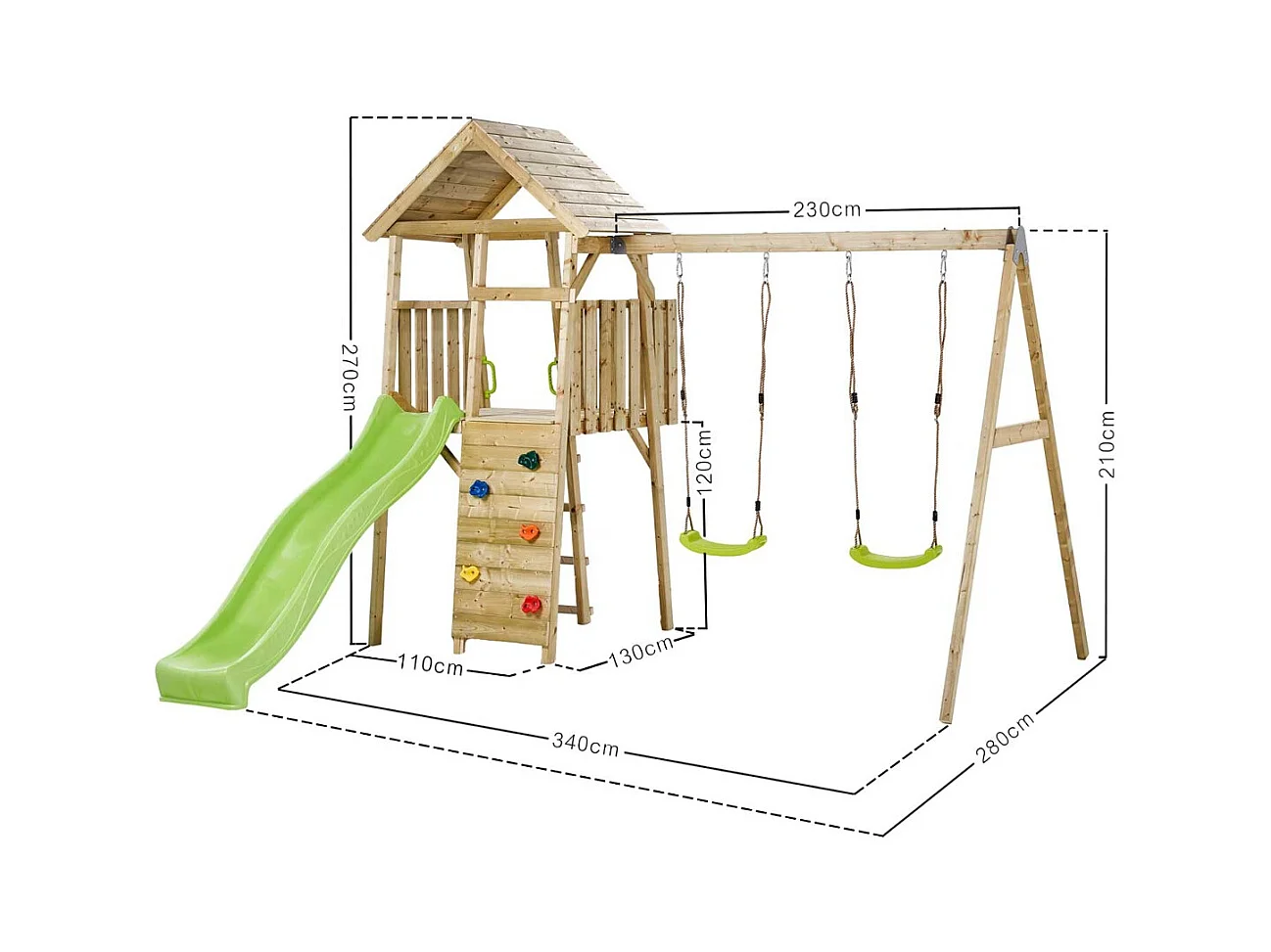 KANGUI Aire de jeux portique en bois WOODI - Double balançoire, toboggan, mur d'escalade, cabane, échelle