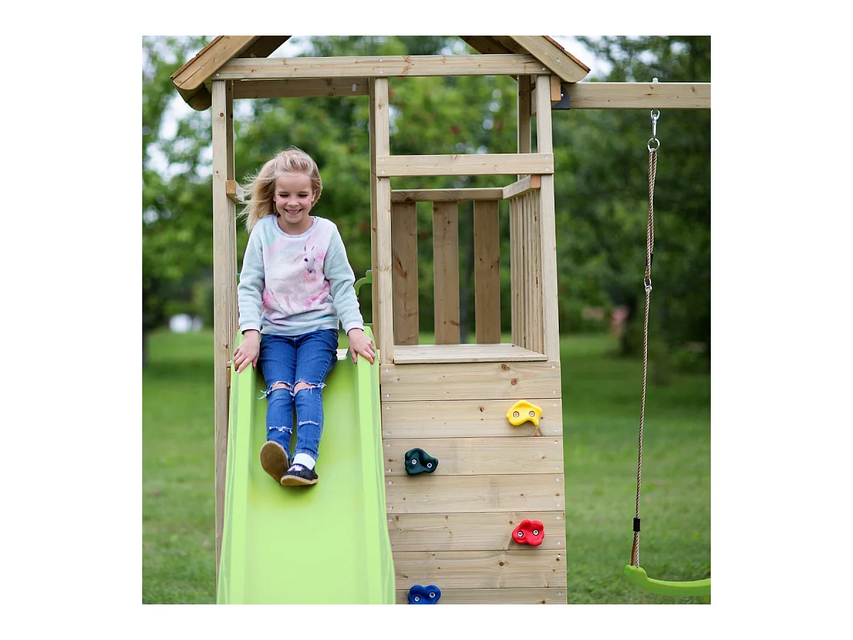 KANGUI Aire de jeux portique en bois WOODI - Double balançoire, toboggan, mur d'escalade, cabane, échelle