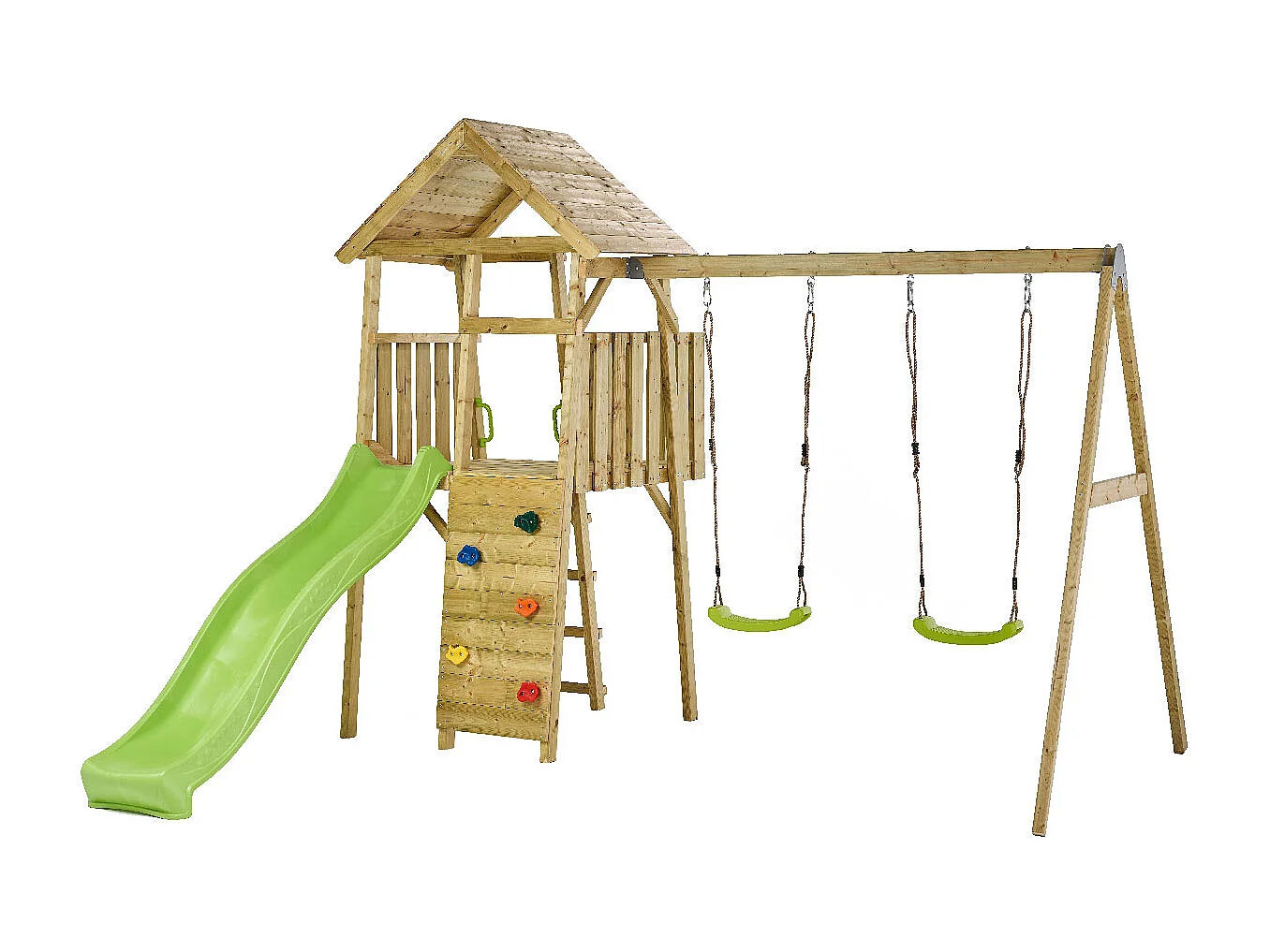 Kangui - Aire de jeux portique en bois WOODI - Double balançoire, toboggan, mur d'escalade, cabane, échelle
