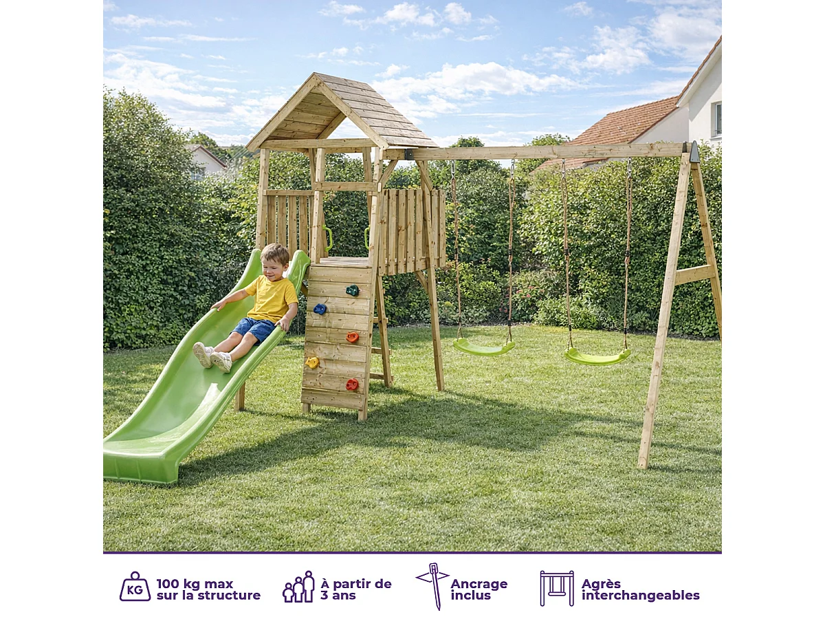 Kangui - Aire de jeux portique en bois WOODI - Double balançoire, toboggan, mur d'escalade, cabane, échelle