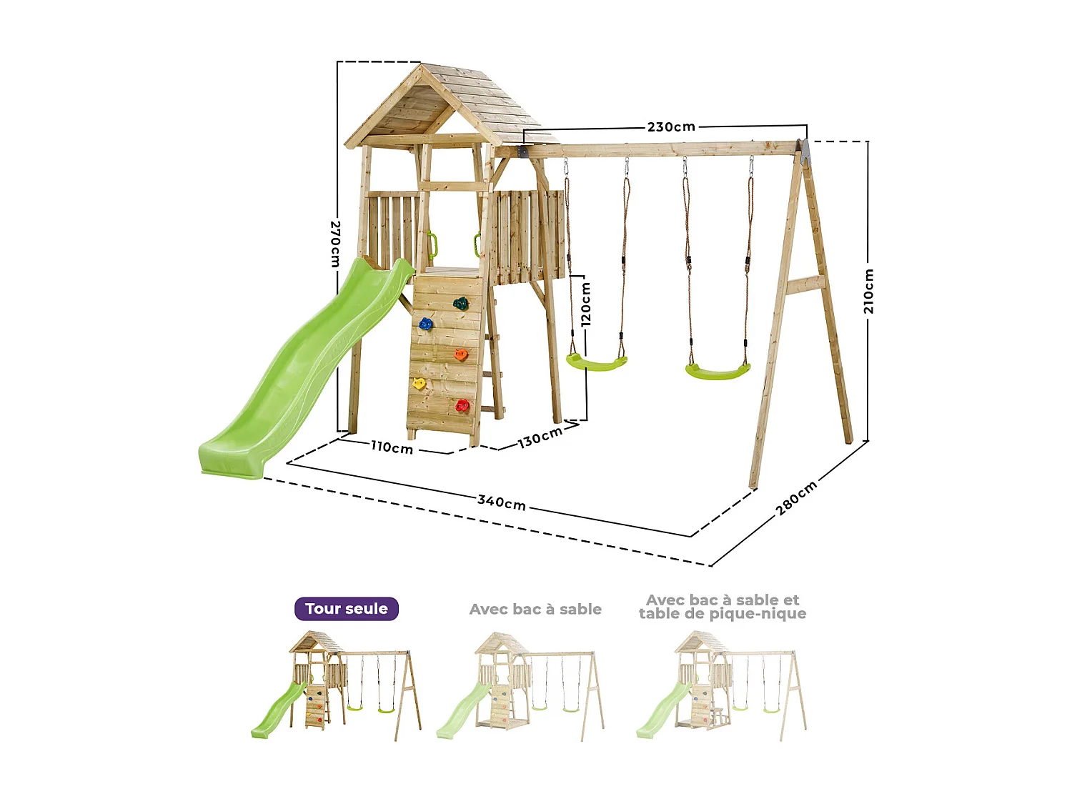 Kangui - Aire de jeux portique en bois WOODI - Double balançoire, toboggan, mur d'escalade, cabane, échelle