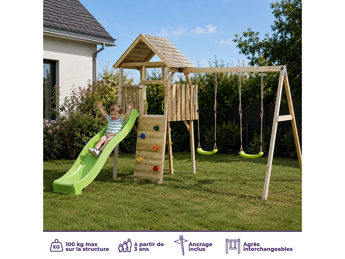 KANGUI Aire de jeux portique en bois WOODI - Double balançoire, toboggan, mur d'escalade, cabane, échelle