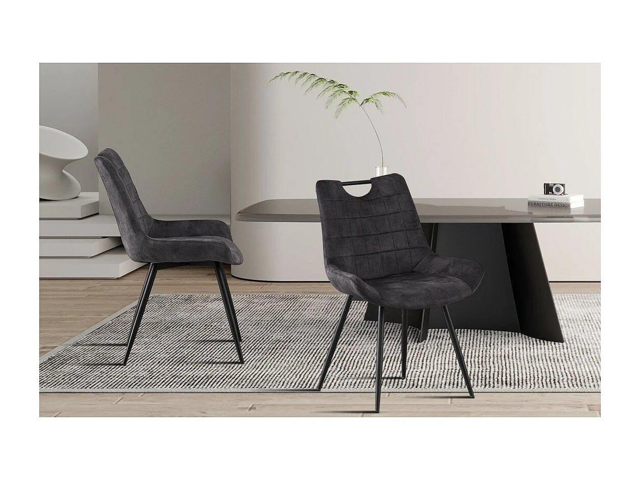 Chaise NINO – Velours gris et pieds métal noir – H84 × L56 × P62.5 cm