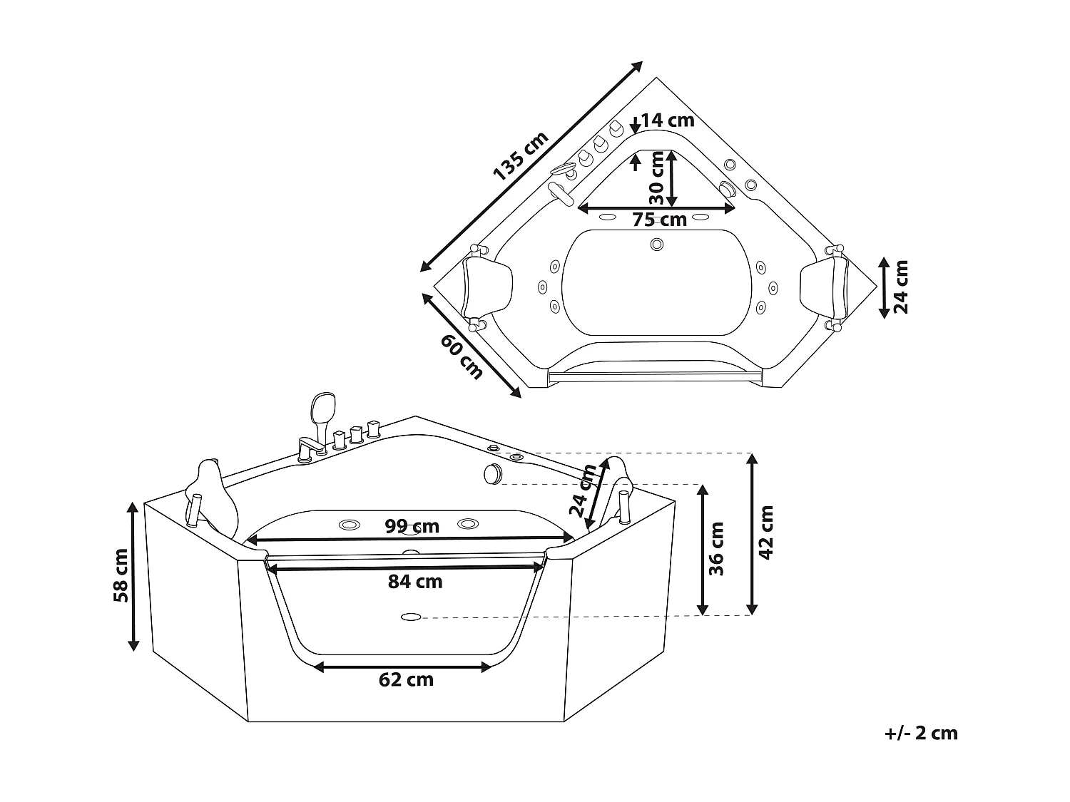 Whirlpool Badewanne Eckmodell CANTALLA 135 x 135 cm Weiss