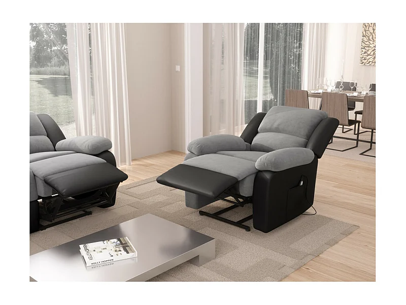 Fauteuil de Relaxation Releveur électrique 1 place Microfibre et Simili Léo - Gris et Noir - L88 x 93 x 96cm - Loungitude