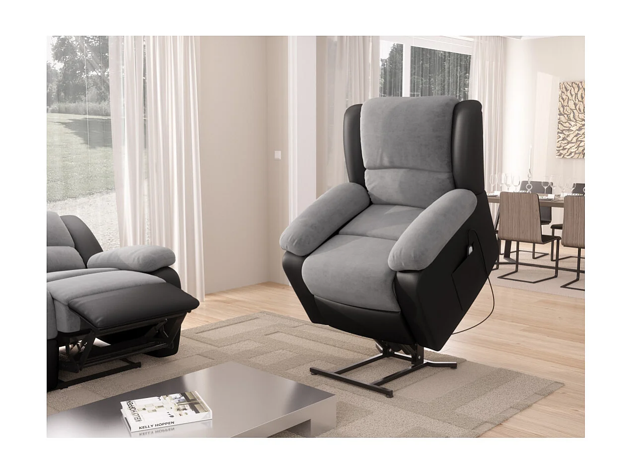 Fauteuil de Relaxation Releveur électrique 1 place Microfibre et Simili Léo - Gris et Noir - L88 x 93 x 96cm - Loungitude