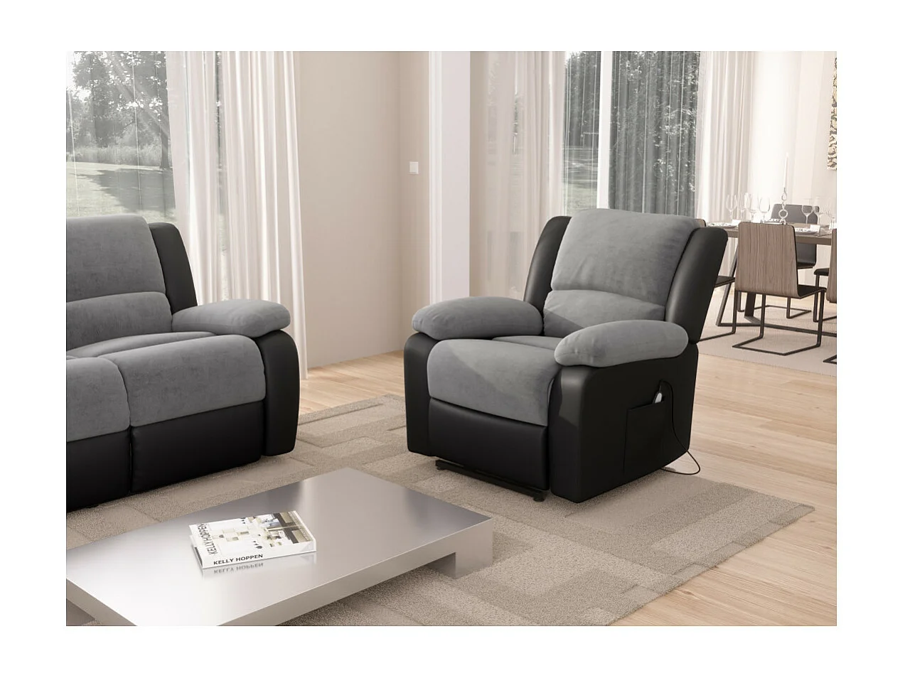Fauteuil de Relaxation Releveur électrique 1 place Microfibre et Simili Léo - Gris et Noir - L88 x 93 x 96cm - Loungitude