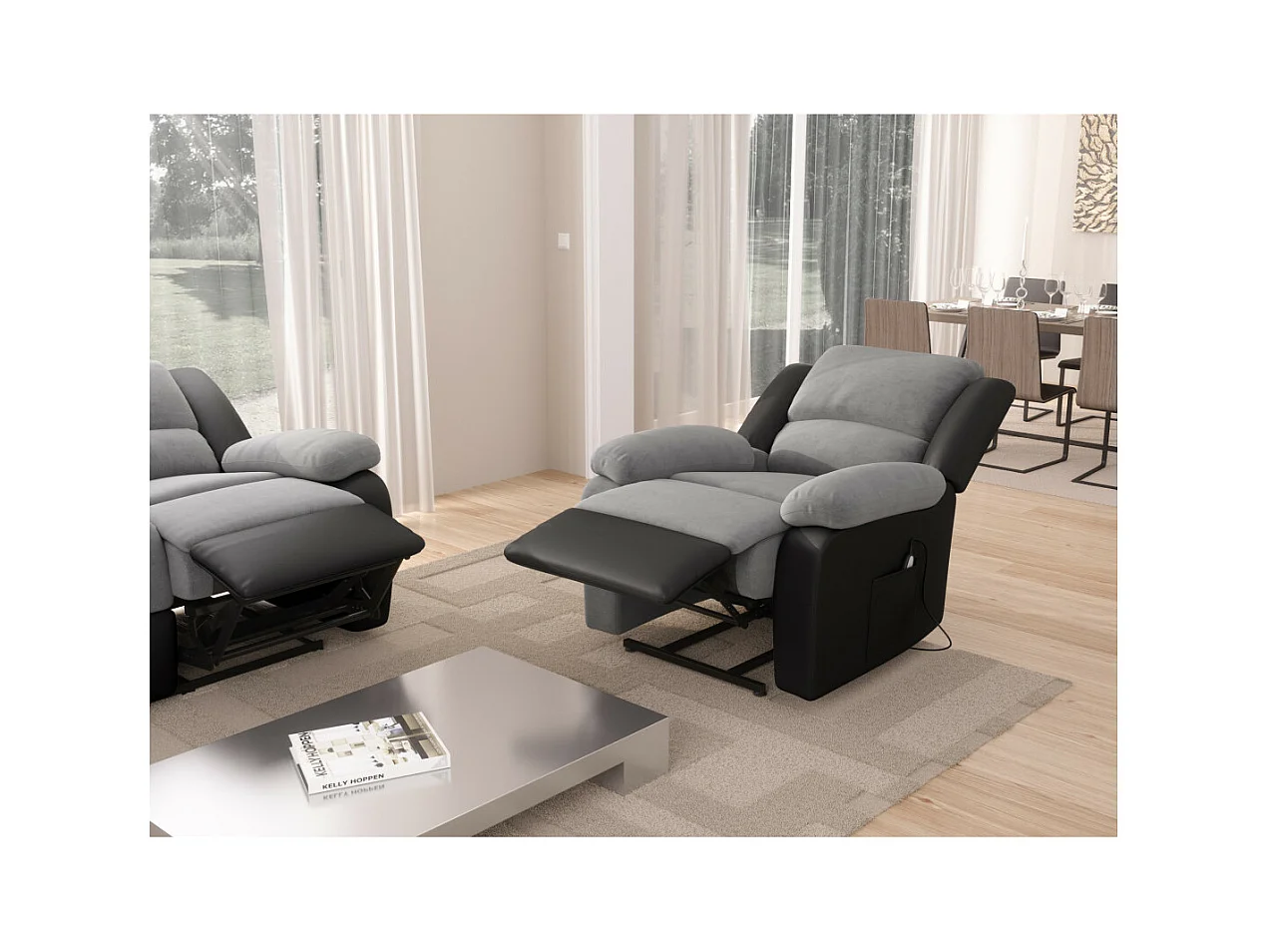 Fauteuil de Relaxation Releveur électrique 1 place Microfibre et Simili Léo - Gris et Noir - L88 x 93 x 96cm - Loungitude