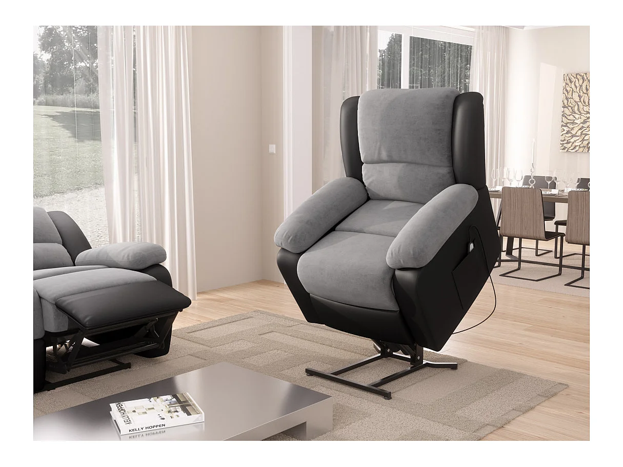 Fauteuil de Relaxation Releveur électrique 1 place Microfibre et Simili Léo - Gris et Noir - L88 x 93 x 96cm - Loungitude