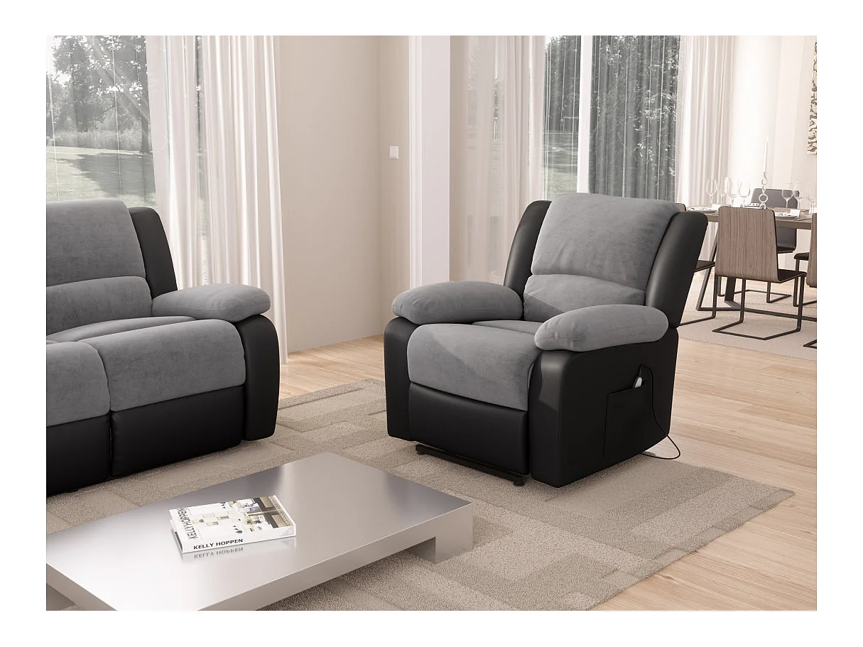 Fauteuil de Relaxation Releveur électrique 1 place Microfibre et Simili Léo - Gris et Noir - L88 x 93 x 96cm - Loungitude