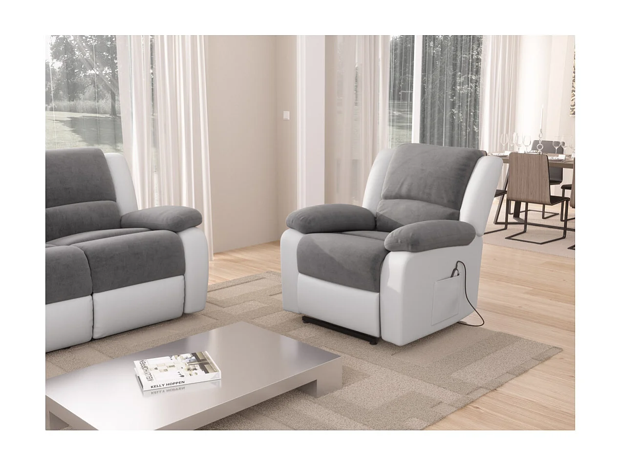 Fauteuil de Relaxation Releveur électrique 1 place Microfibre / Simili Léo - Blanc et gris - L88 x 93 x 96cm - Loungitude