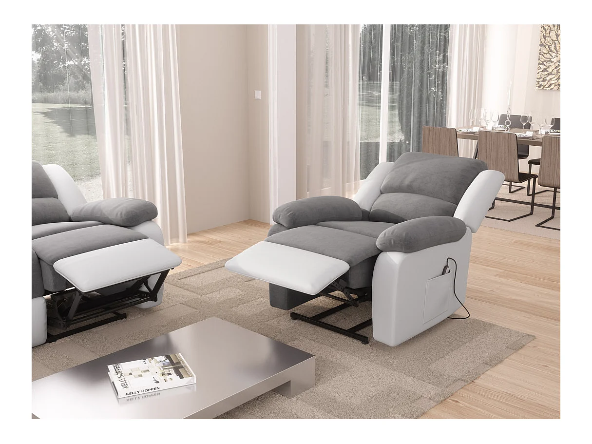 Fauteuil de Relaxation Releveur électrique 1 place Microfibre / Simili Léo - Blanc et gris - L88 x 93 x 96cm - Loungitude