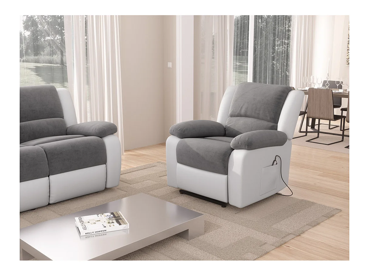 Fauteuil de Relaxation Releveur électrique 1 place Microfibre / Simili Léo - Blanc et gris - L88 x 93 x 96cm - Loungitude
