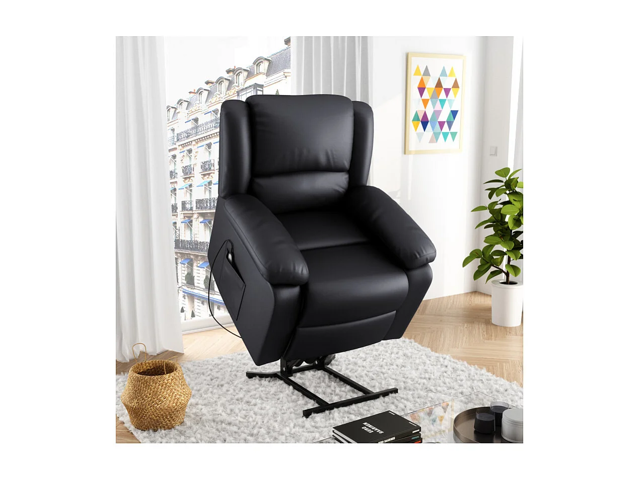 Fauteuil de Relaxation Releveur électrique 1 place en Simili Léo - Noir - L88 x 93 x 96cm - Loungitude
