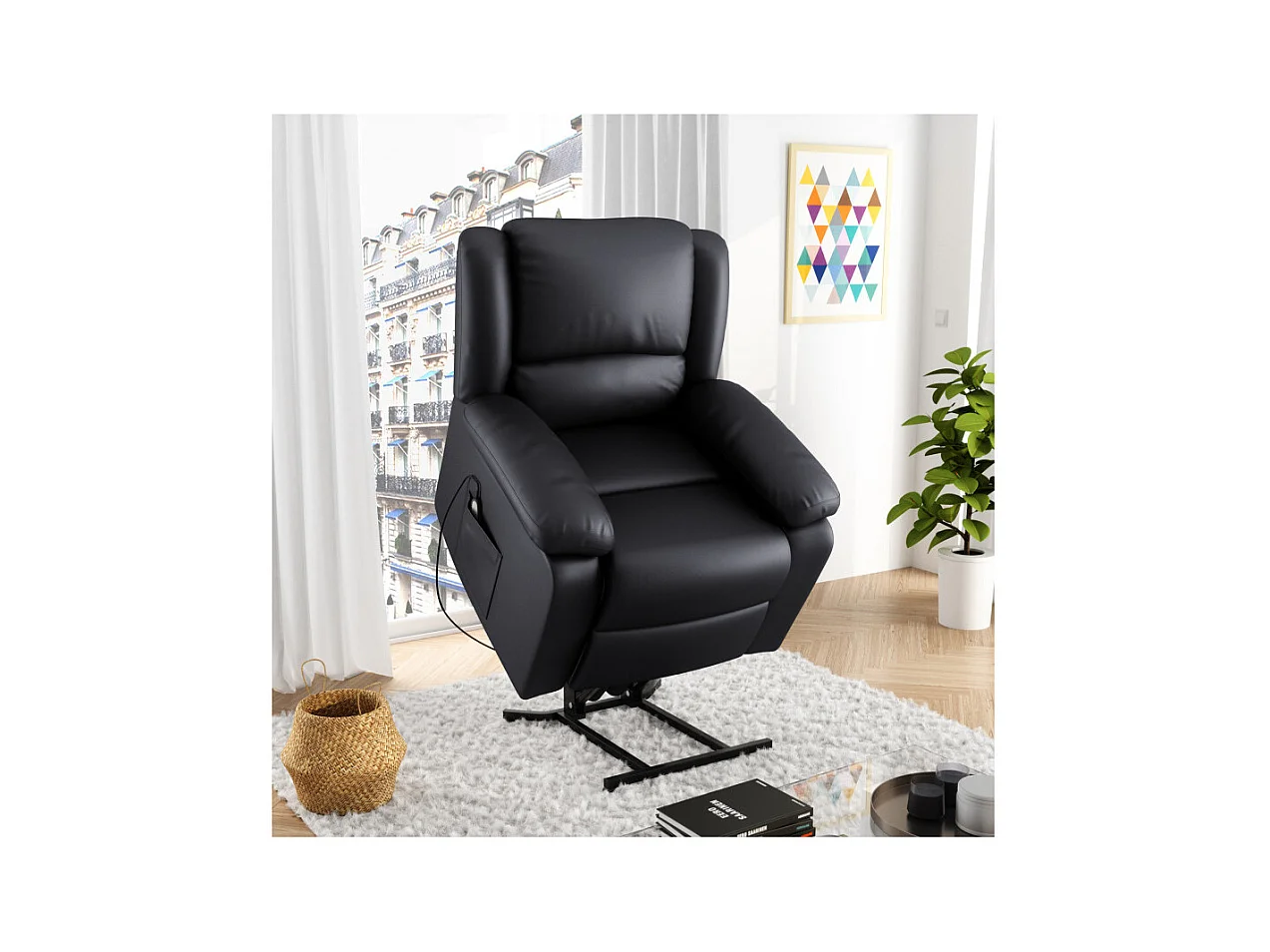 Fauteuil de Relaxation Releveur électrique 1 place en Simili Léo - Noir - L88 x 93 x 96cm - Loungitude