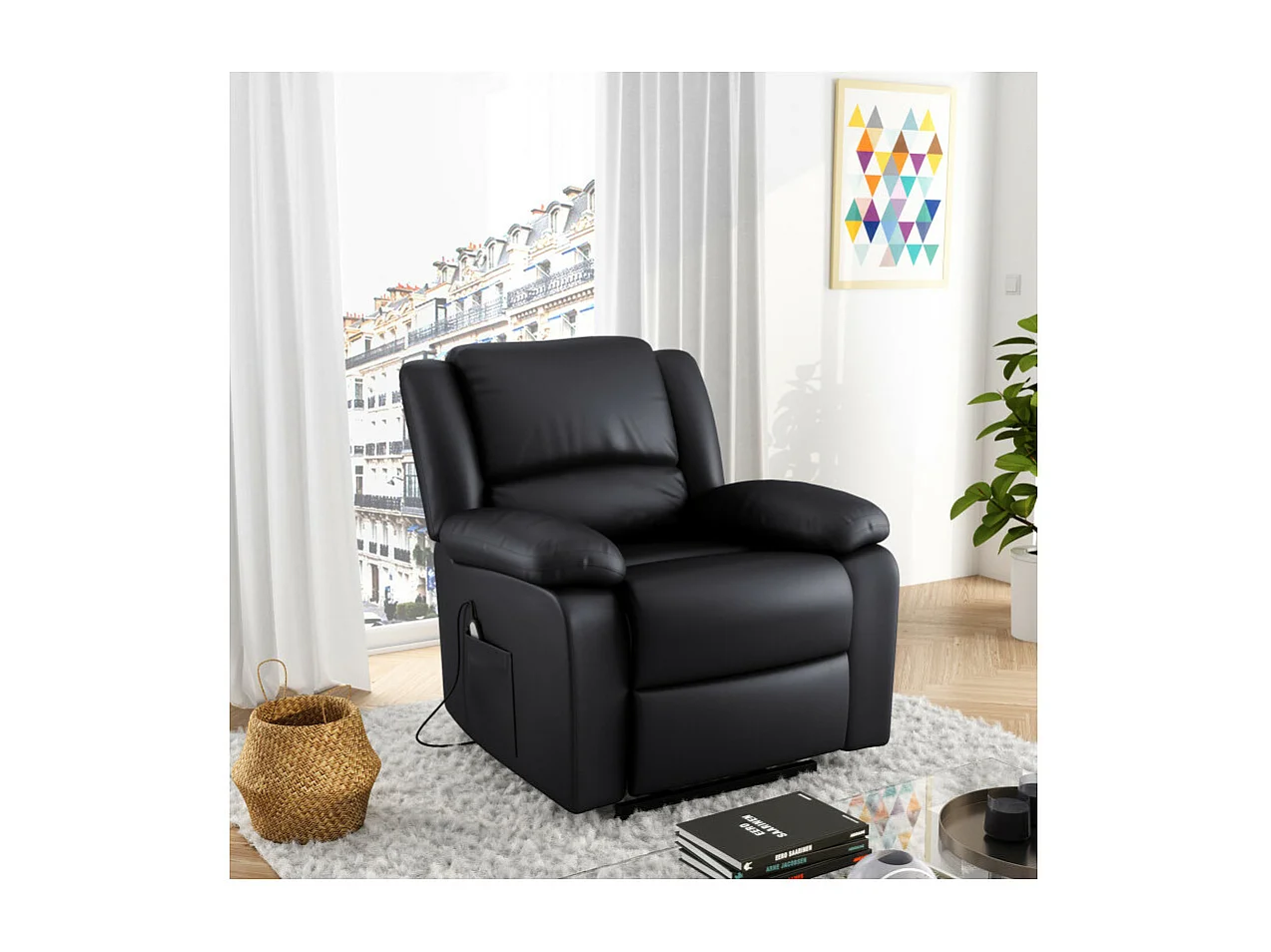 Fauteuil de Relaxation Releveur électrique 1 place en Simili Léo - Noir - L88 x 93 x 96cm - Loungitude